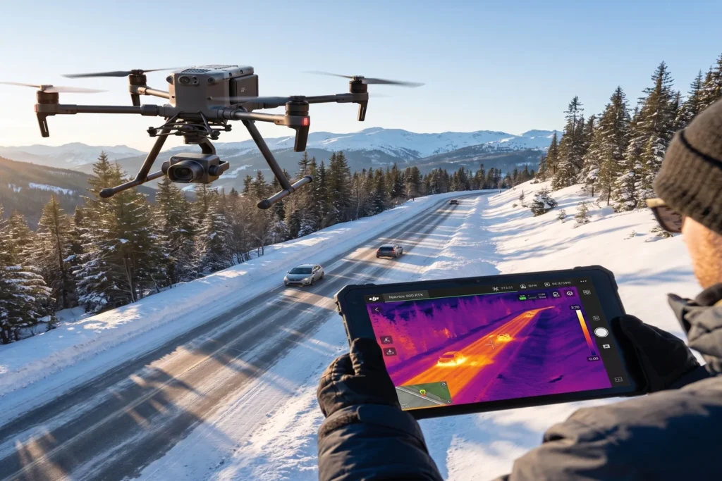 A close-up view of a high-tech drone flying over a mountain road while a person holds a digital tablet displaying a thermal pavement condition scan.