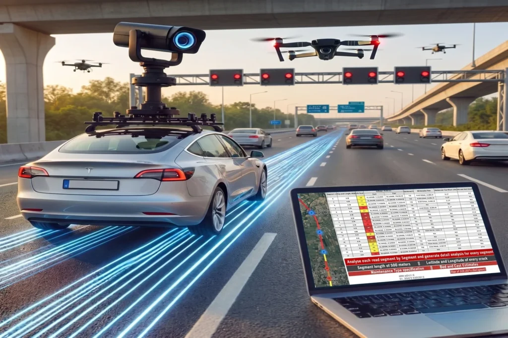 A white car driving on a highway with a digital overlay showing drone inspection tracking and a spreadsheet displaying a bill of quantities.