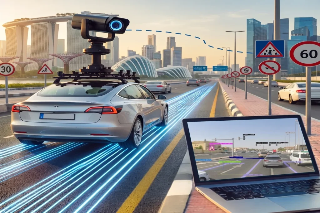An autonomous inspection car equipped with roof-mounted sensors and cameras driving down a smart city road, with an open laptop in the foreground displaying real-time traffic tracking.