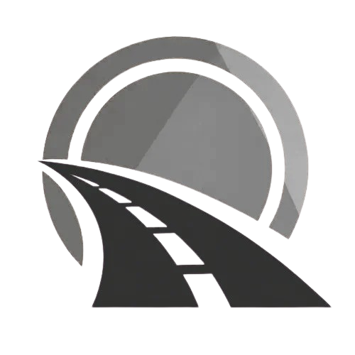 Monochrome graphic icon showcasing a modern asphalt road stretching into the distance within a circular border.