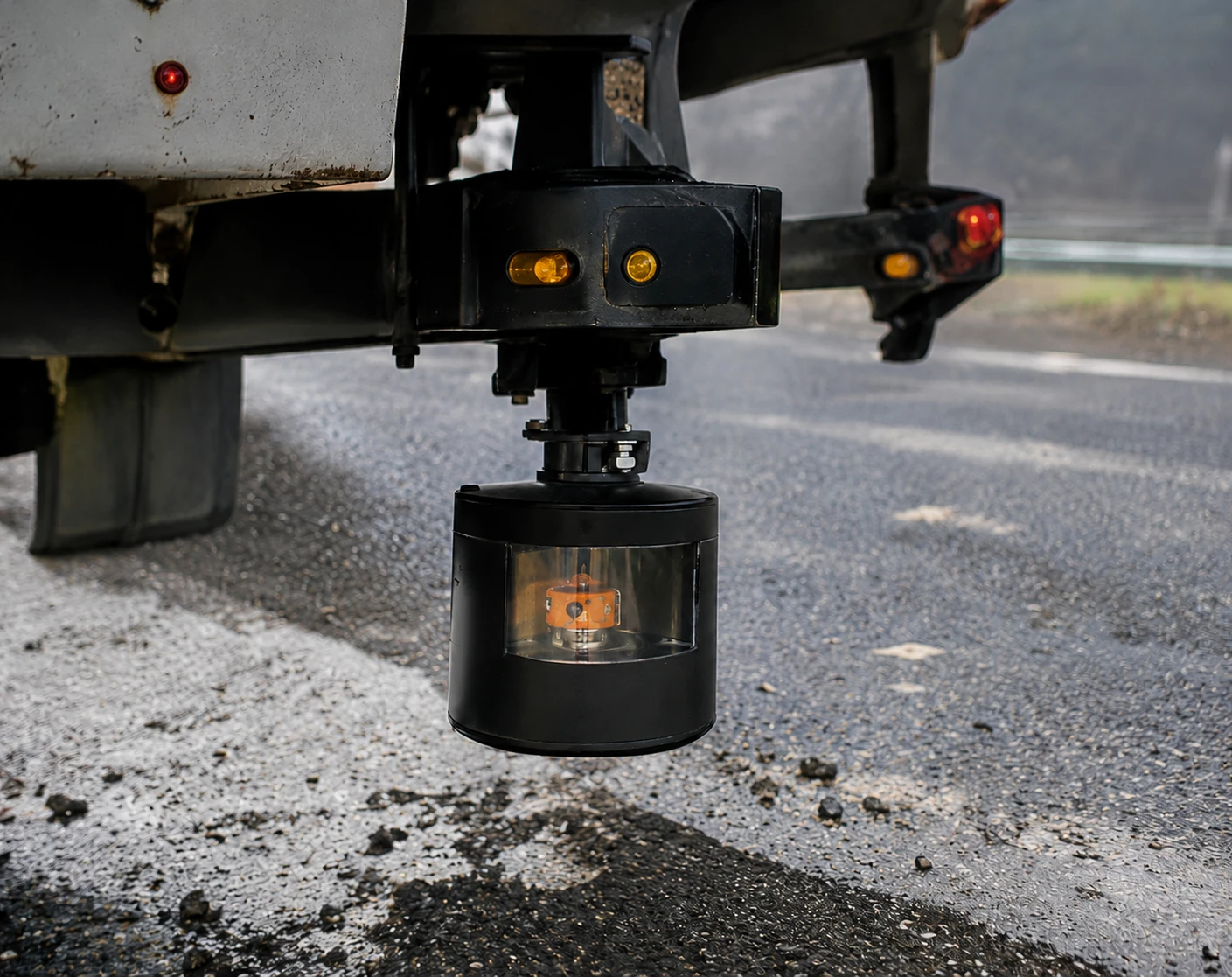 Close-up of a Falling Weight Deflectometer testing sensor lowered onto an asphalt road surface.