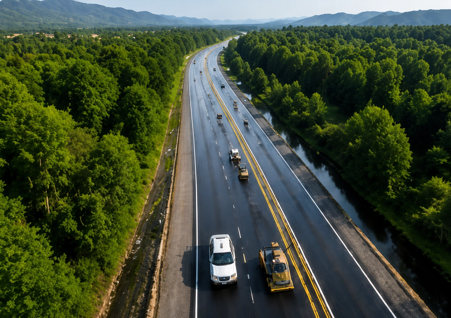Aerial view of a clean highway asphalt road winding through green hills.