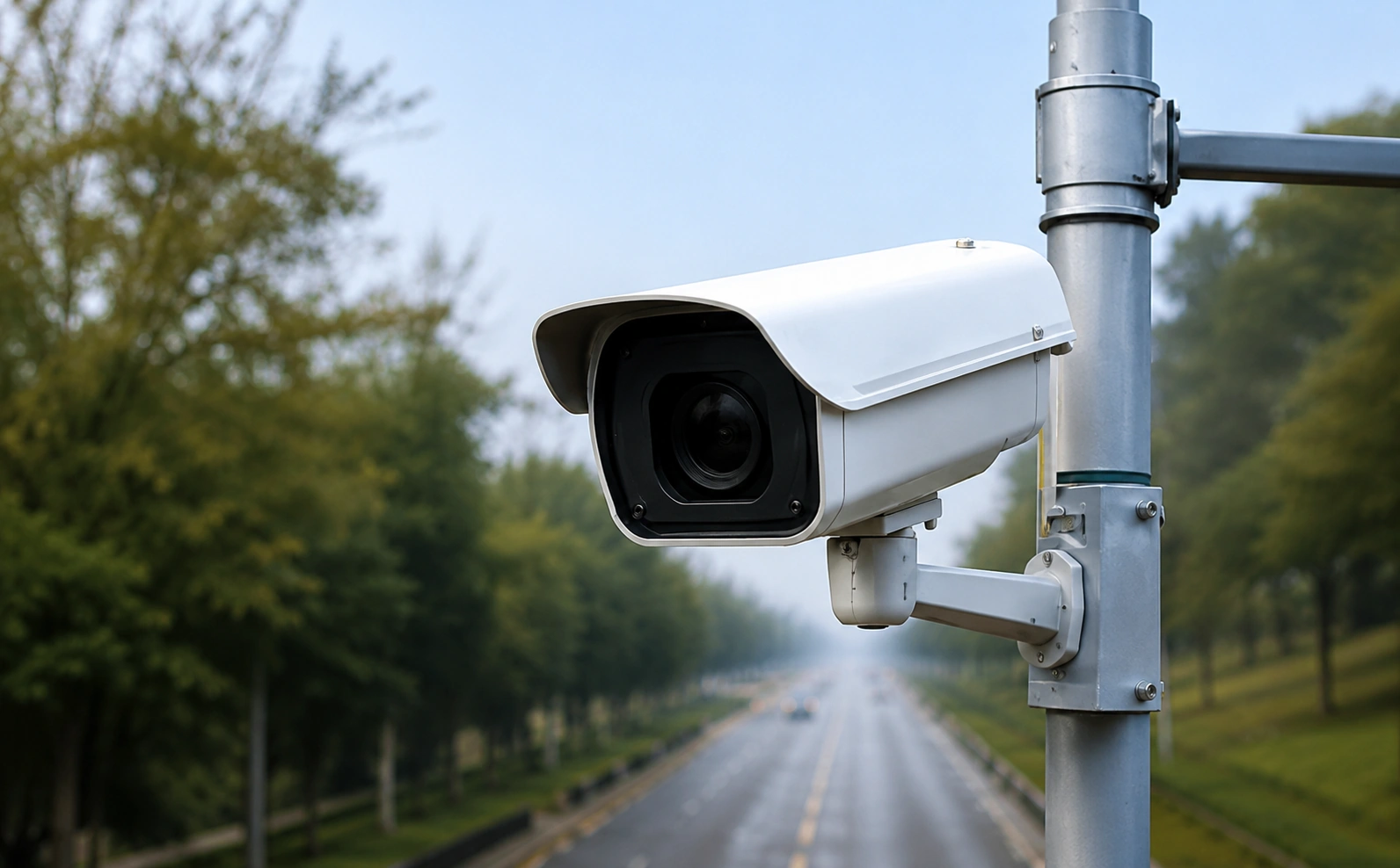 White surveillance camera mounted on a metal pole overlooking a highway.
