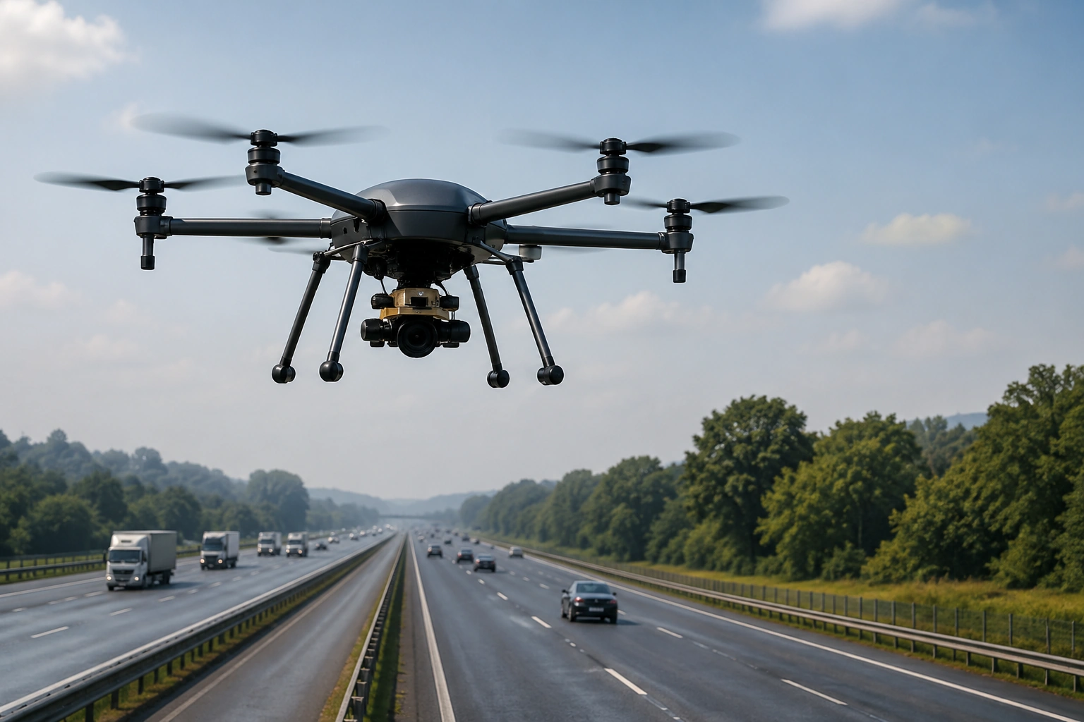 A professional quadcopter drone flying over a busy multi-lane highway to inspect traffic flow and road conditions.
