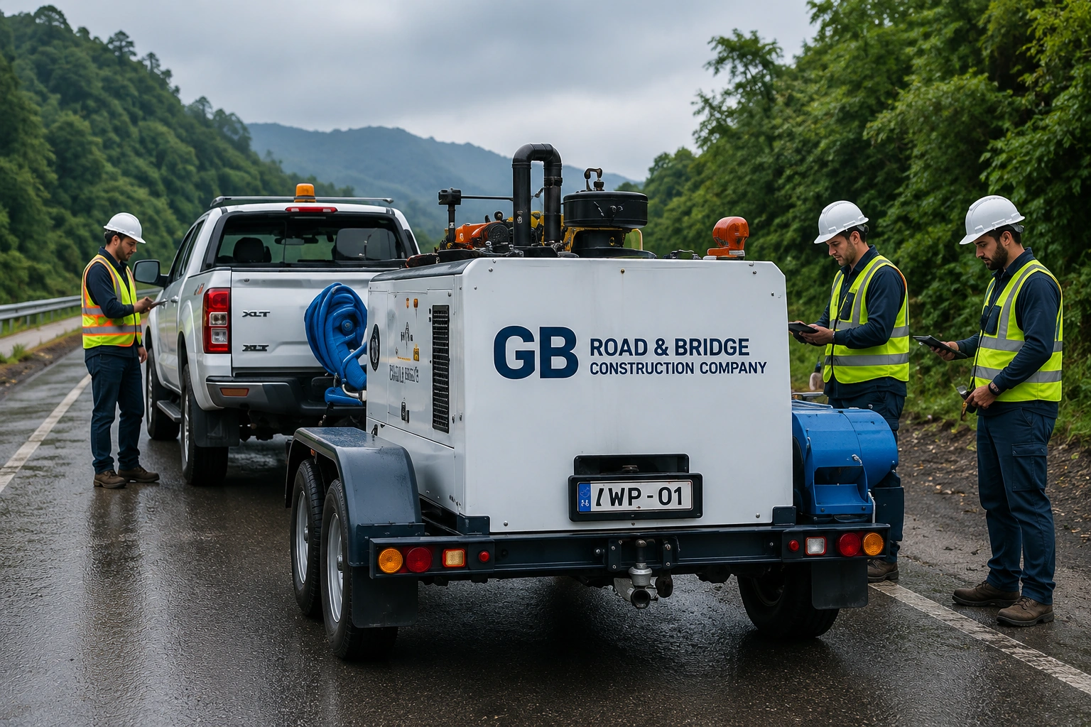 Construction workers operating a Falling Weight Deflectometer trailer attached to a truck on an asphalt road.