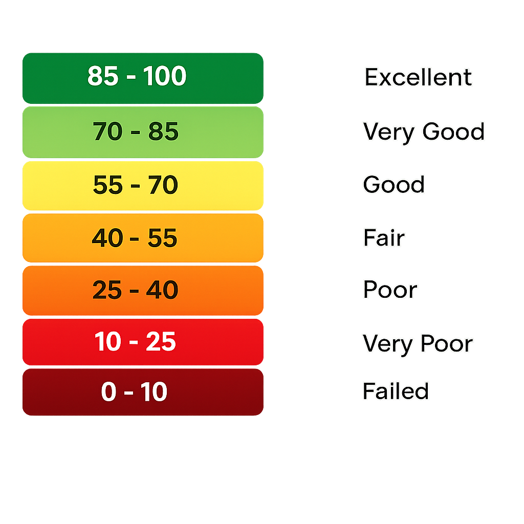 Color-coded Pavement Condition Index rating scale from excellent to failed.