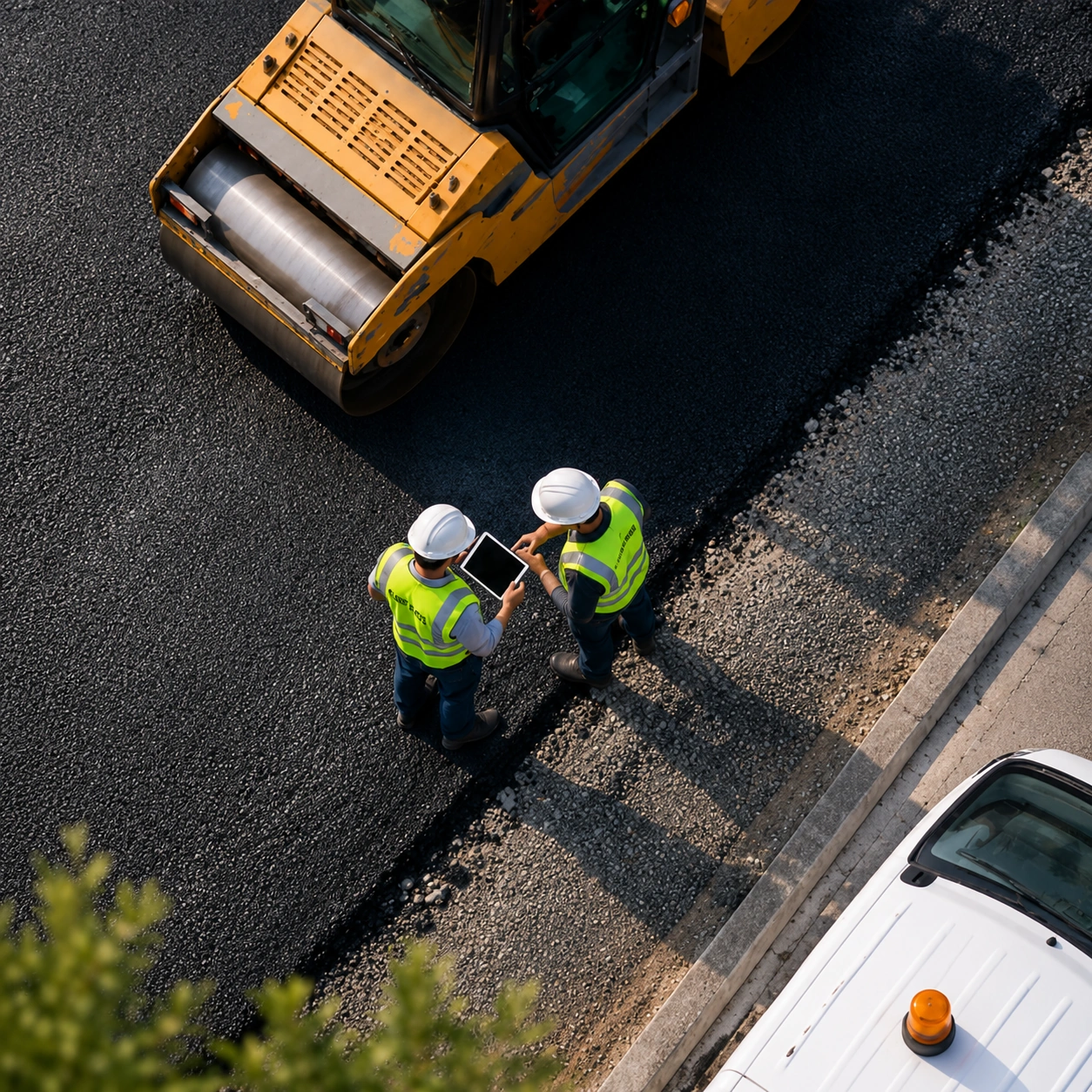 Top-down view of two construction workers in high-visibility vests and hard hats using a digital tablet next to a yellow road roller compacting fresh asphalt.