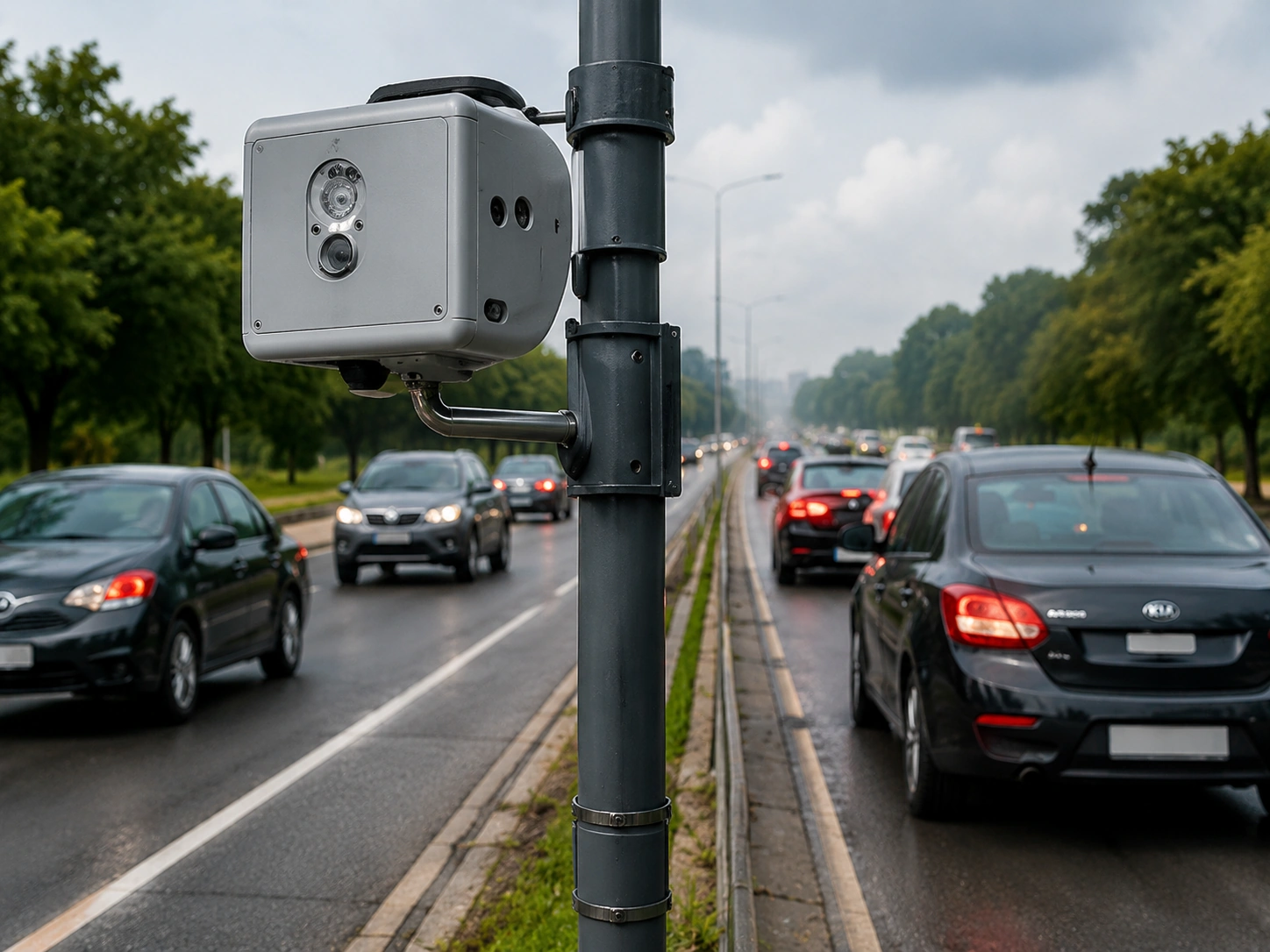 Close-up of a modern traffic monitoring camera mounted on a post next to a busy urban road with cars.